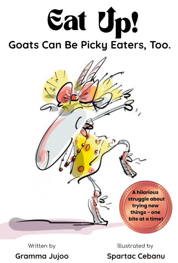 Illustrated goat character from Eat Up! – a funny, picky-eating goat